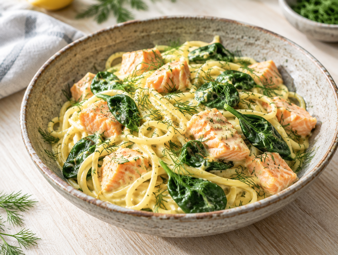Spaghetti met zalm en spinazie