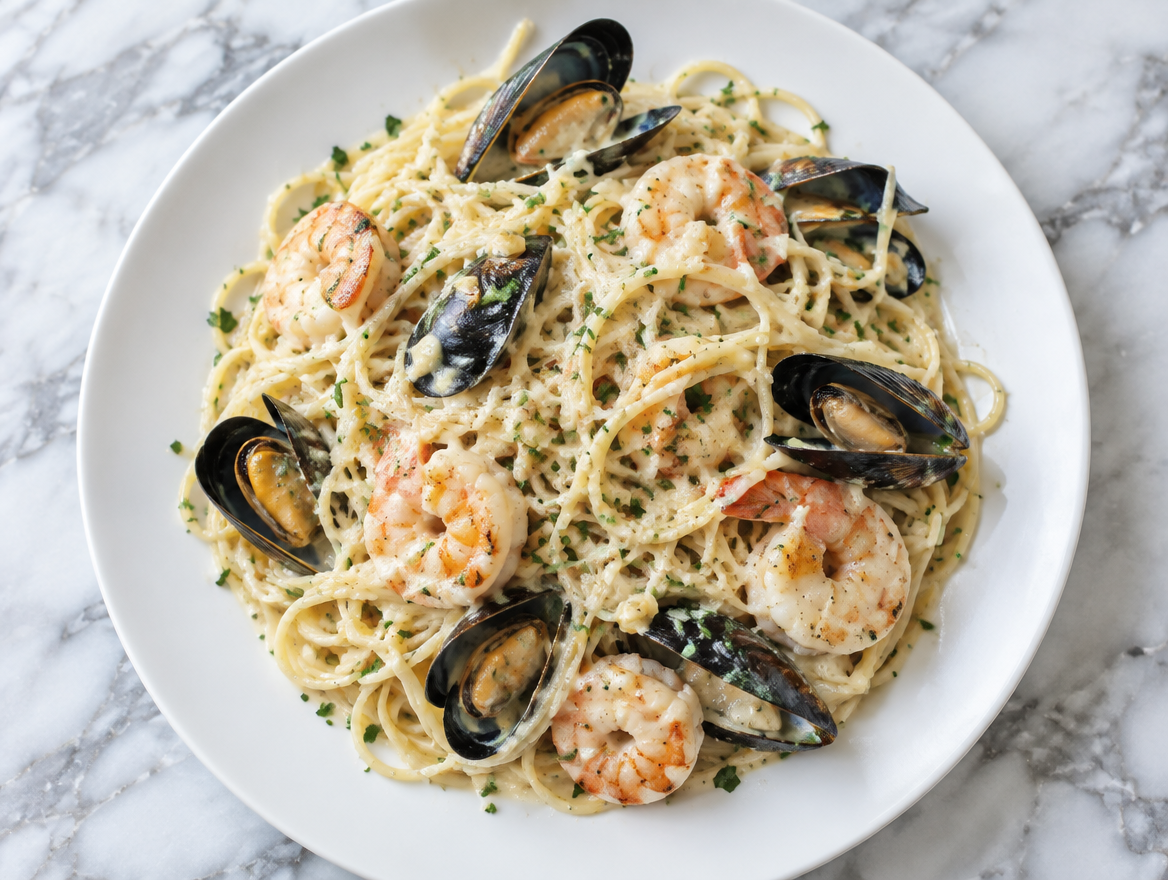 Spaghettini met garnalen, mosselen en crème fraîche onder kaas