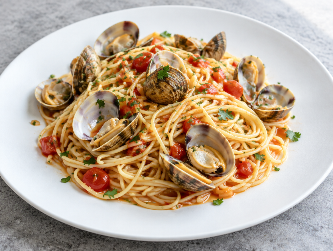 Spaghettini met venusschelpen in tomaat-knoflooksaus