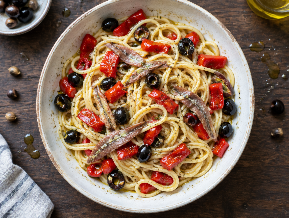 Spaghettisalade met ansjovis, rode paprika en zwarte olijven