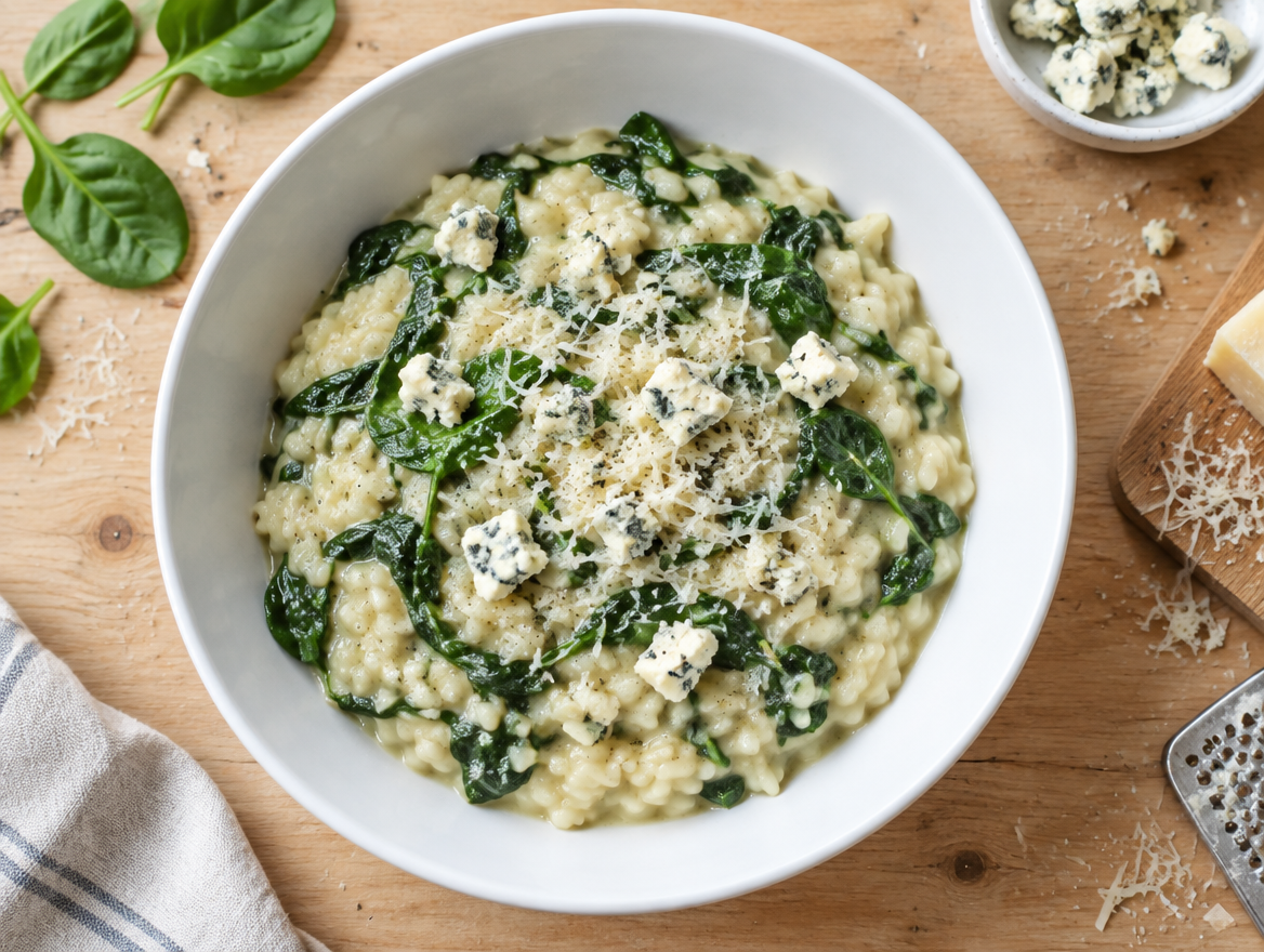 Spinazierisotto met pittige kazen, gorgonzola en grana padano