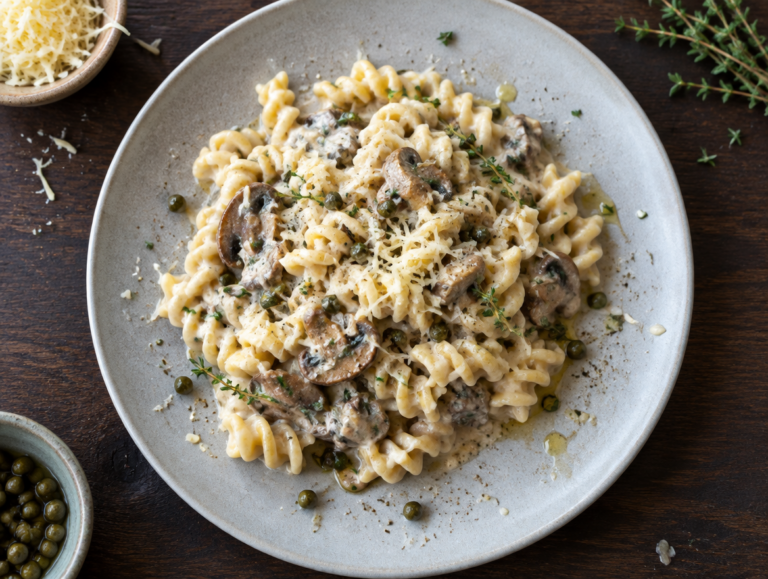 Spiraalmacaroni met champignon-kappertjessaus