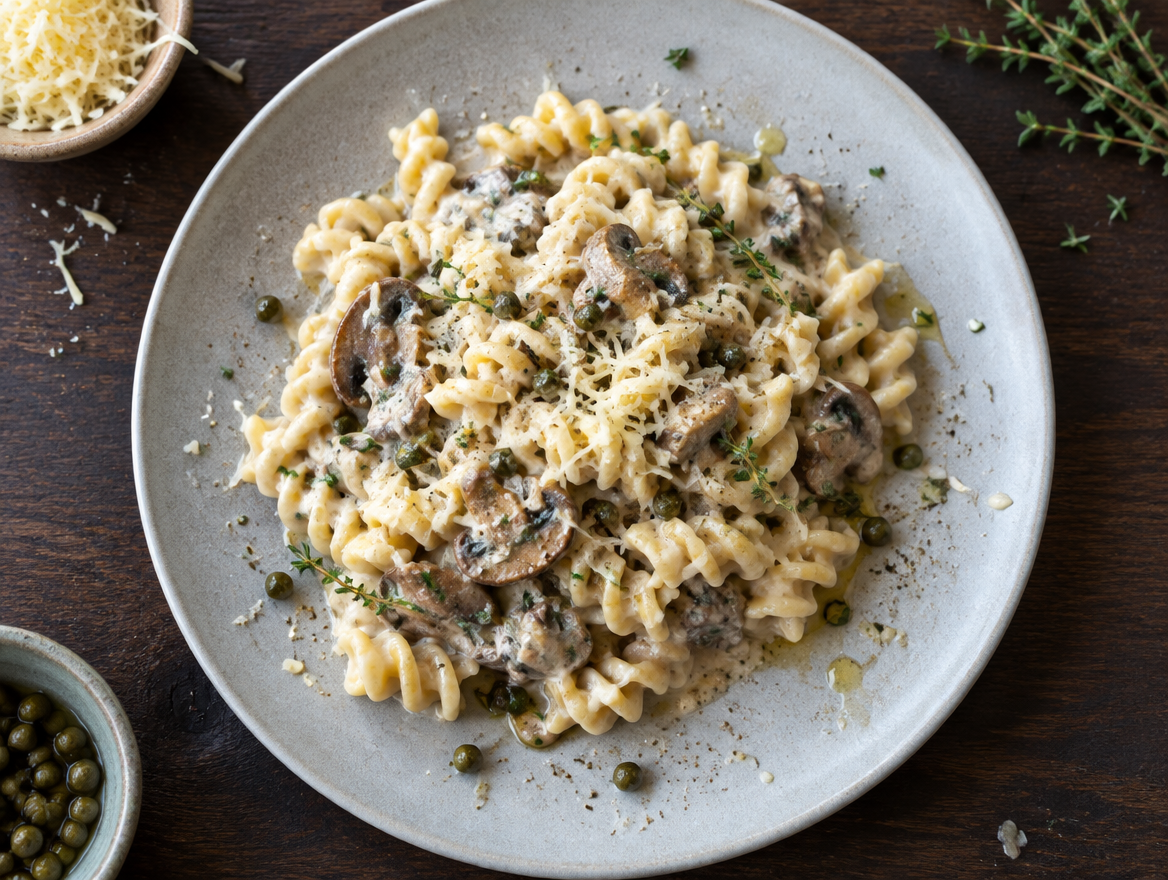 Spiraalmacaroni met champignon-kappertjessaus