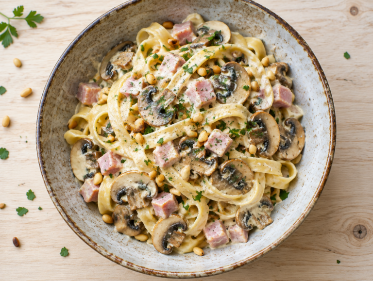 Tagliatelle met champignons en ham
