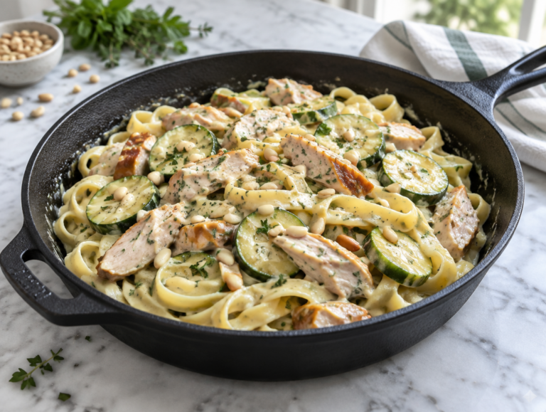 Tagliatelle met gerookte kip en courgette