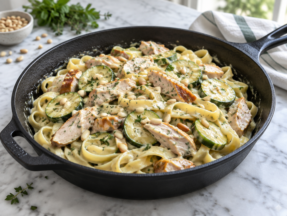 Tagliatelle met gerookte kip en courgette