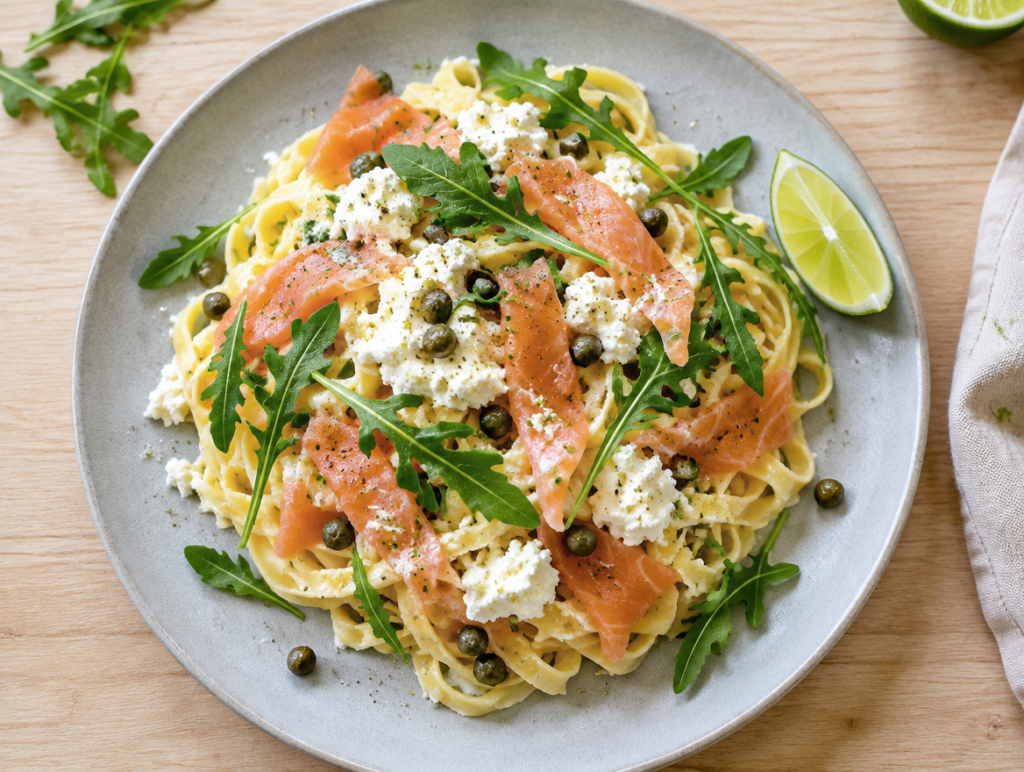 Tagliatelle met gerookte zalm, rucola en ricotta