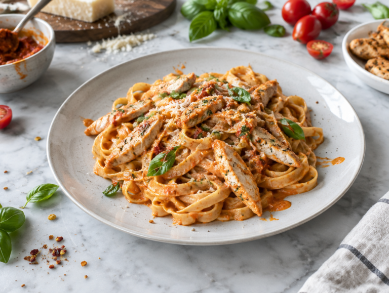 Tagliatelle met kalkoen met rode pesto-roomsaus