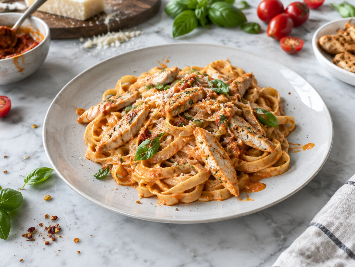 Tagliatelle met kalkoen met rode pesto-roomsaus