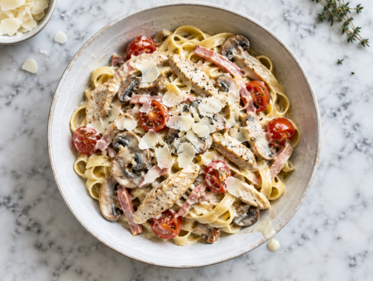 Tagliatelle met kip en paddenstoelen