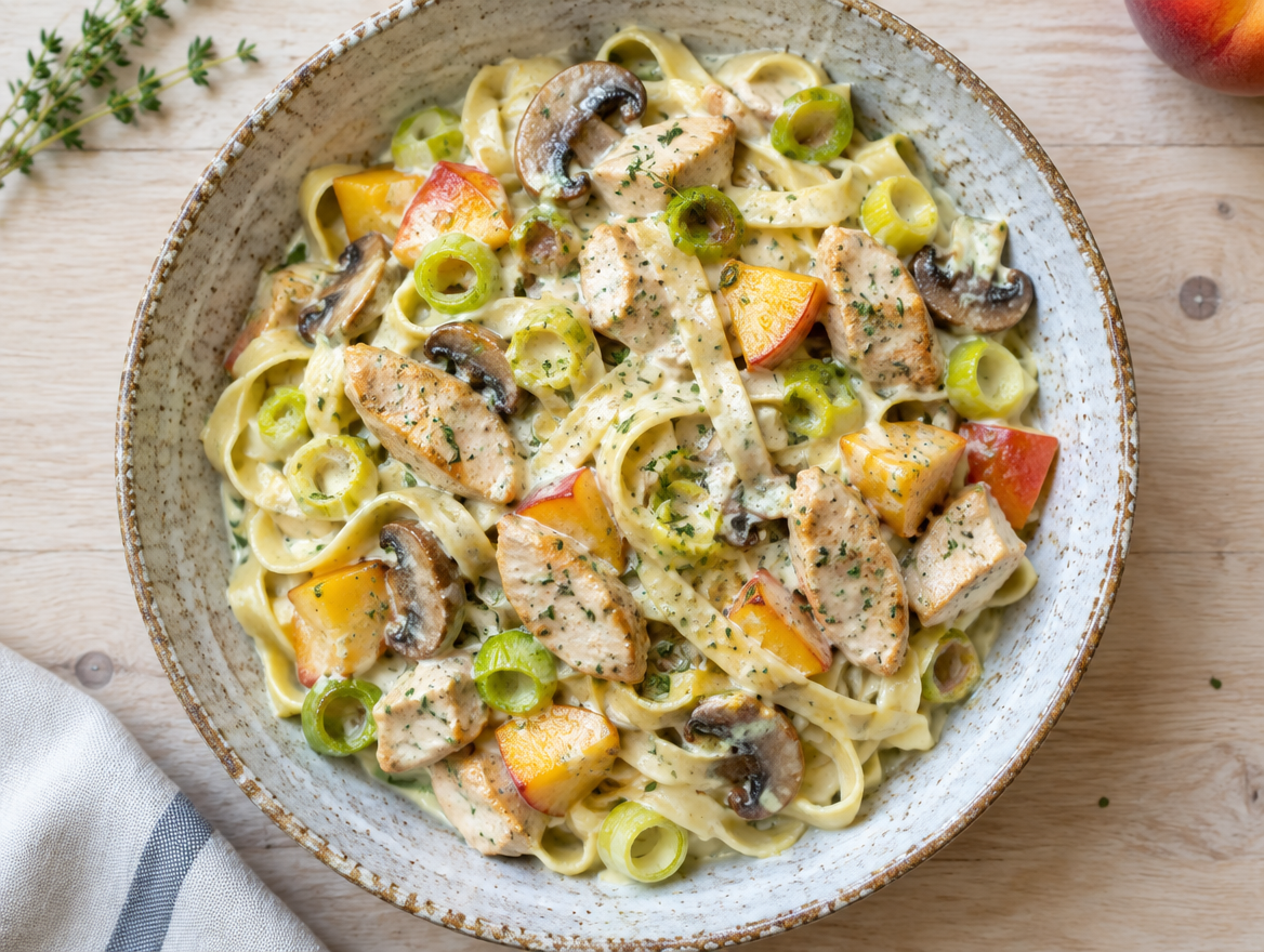Tagliatelle met kip en perziken