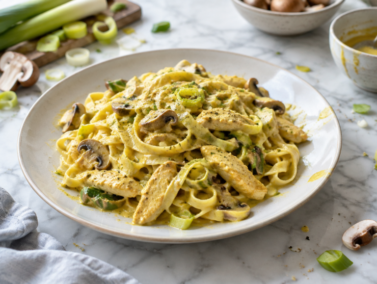 Tagliatelle met prei, champignons en kip