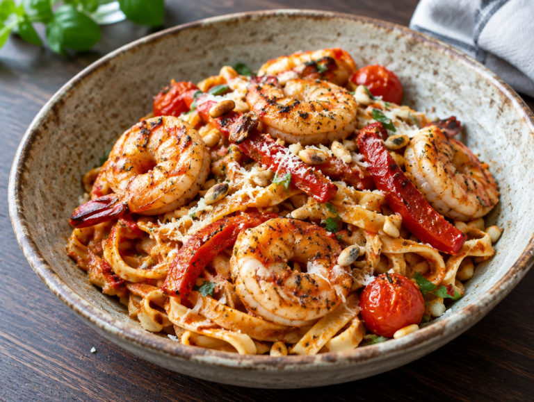 Tagliatelle met rode pesto en gamba’s