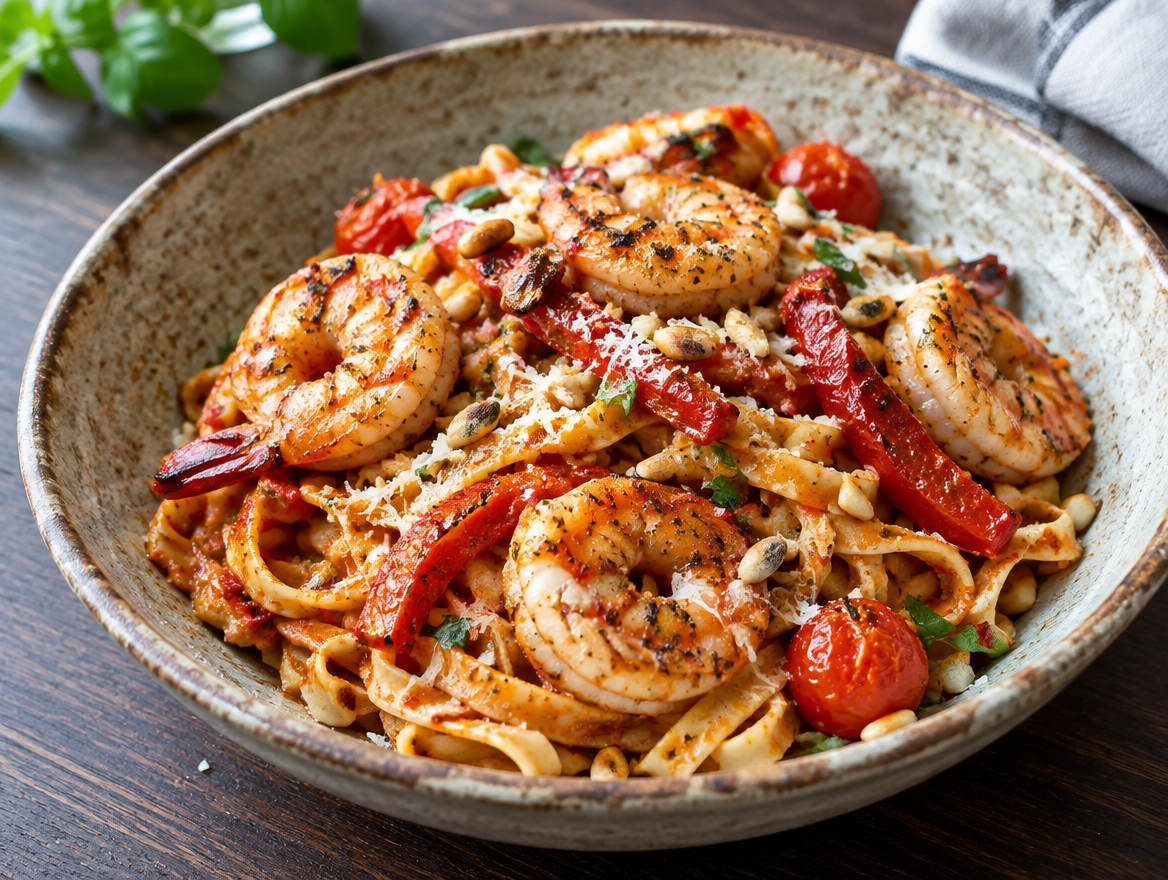 Tagliatelle met rode pesto en gamba's