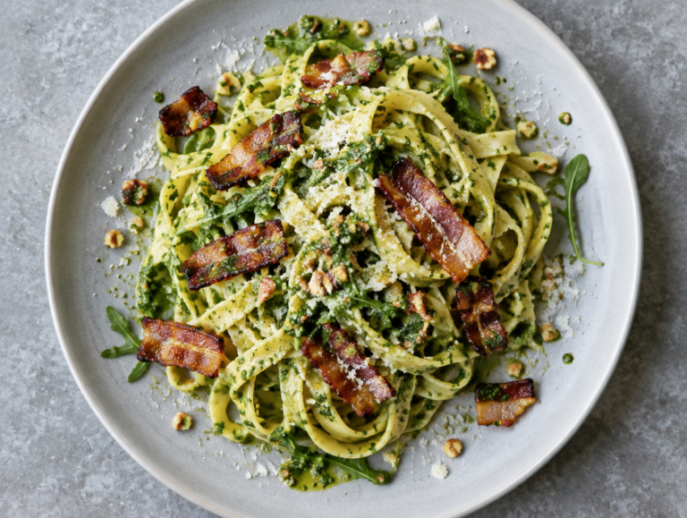 Tagliatelle met spek en walnoten-rucolapesto