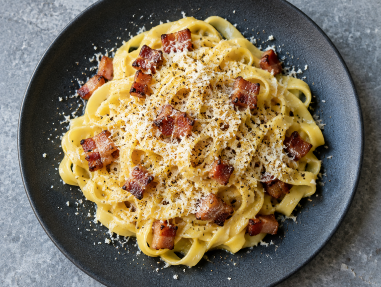 Tagliatelle met spekblokjes parmezaan en ei