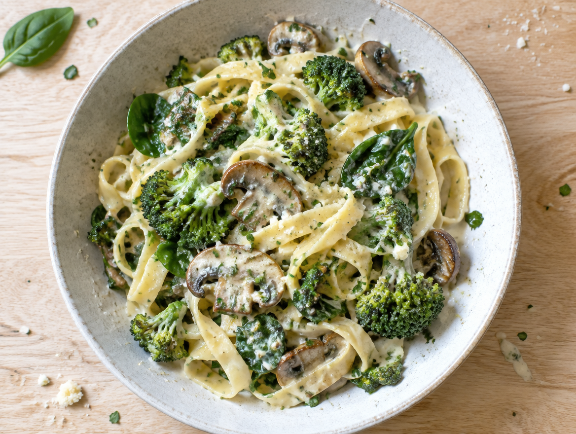 Tagliatelle in spinazie, broccoli en roomsaus