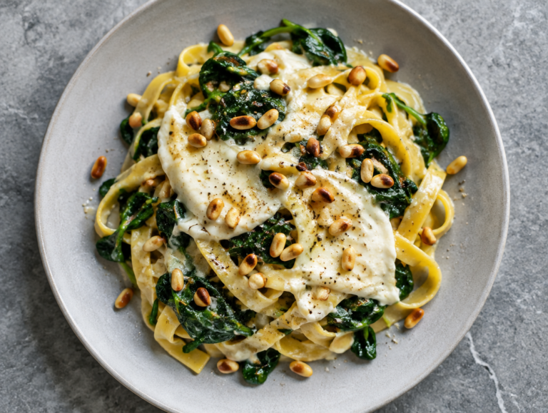 Tagliatelle met spinazie en magor