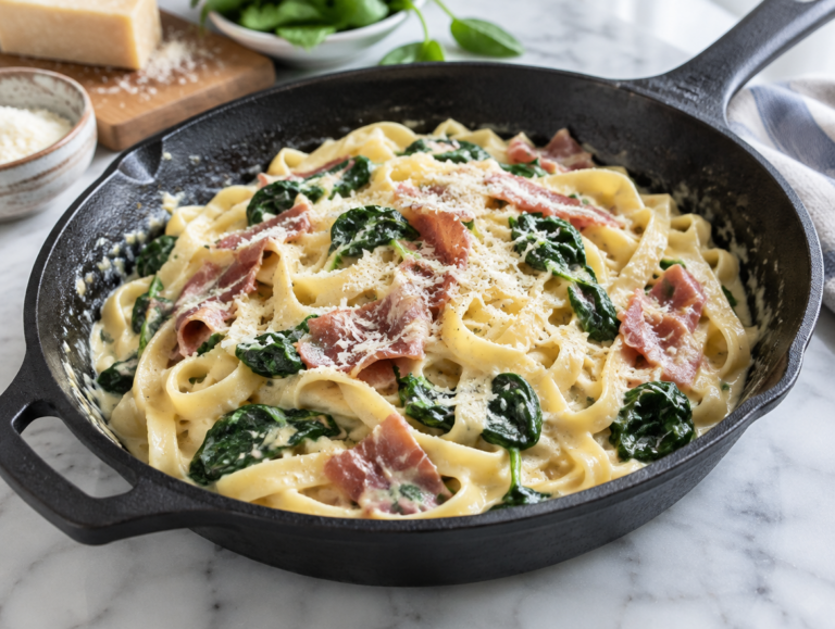 Tagliatelle met spinazie en parmaham