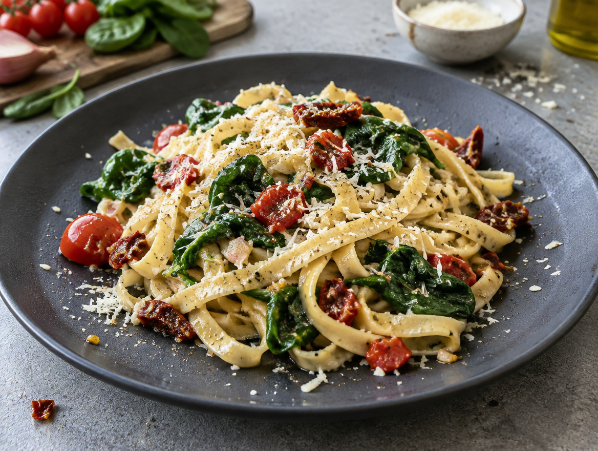 Tagliatelle met spinazie en tomaten en geraspte Parmezaanse kaas