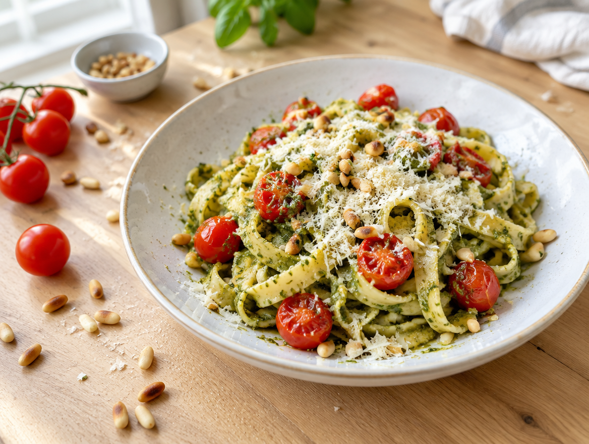 Tagliatelle met tomaatjes, pesto en pijnboompitten
