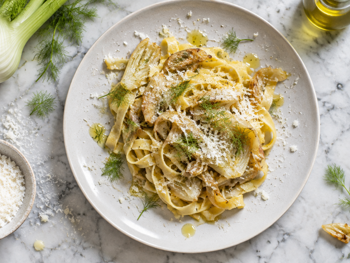 Tagliatelle met venkel, venkelgroen en geraspte Parmezaanse kaas
