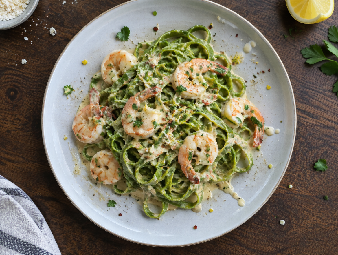 Tagliatelle verde met scampisaus en garnalen