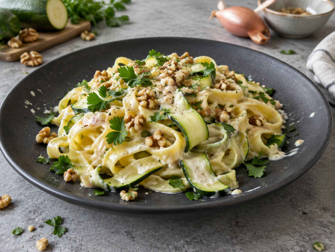 Tagliatelle met walnoten en courgettelinten in een romige saus