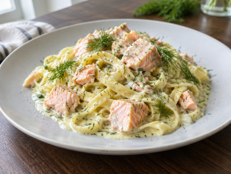 Tagliatelle met zalm en wijn