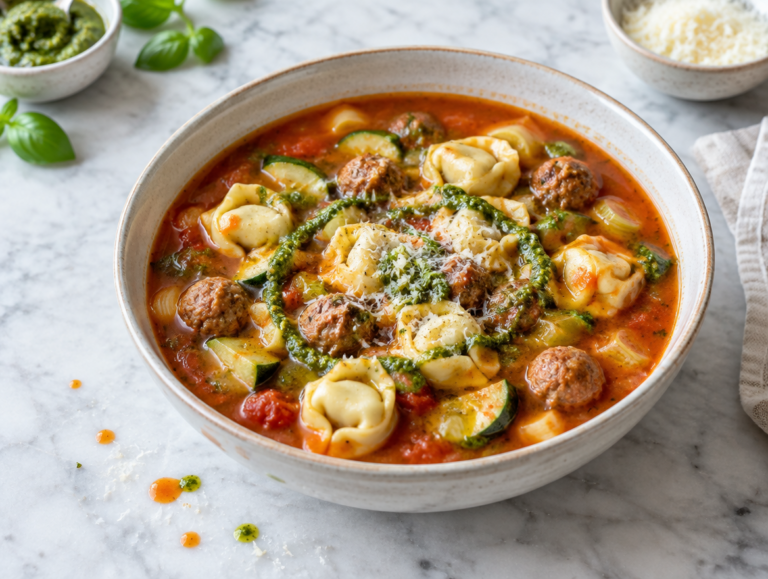 Tomaten-tortellinisoep met pesto