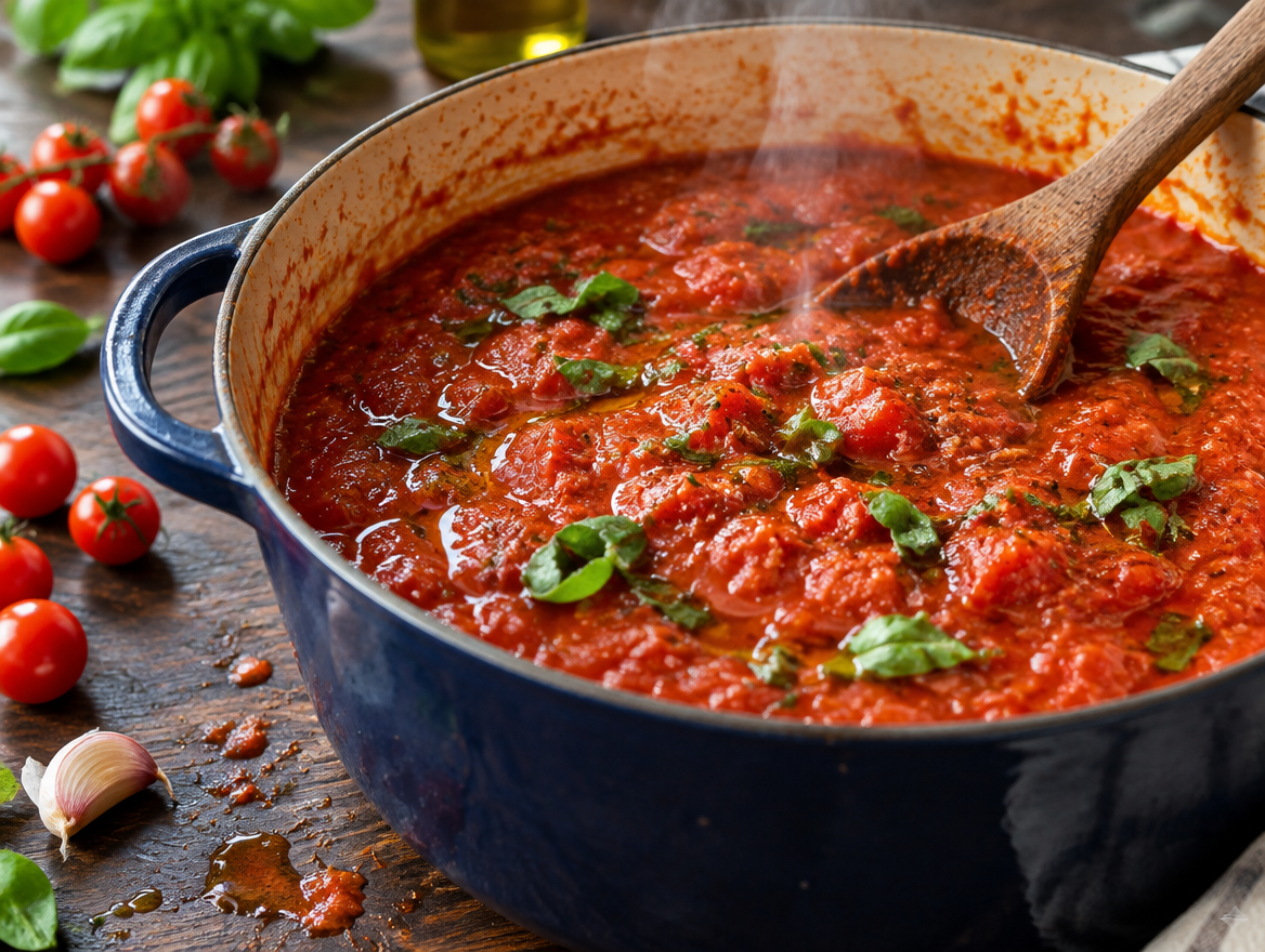 Tomatensaus maken in een pan met basilicum
