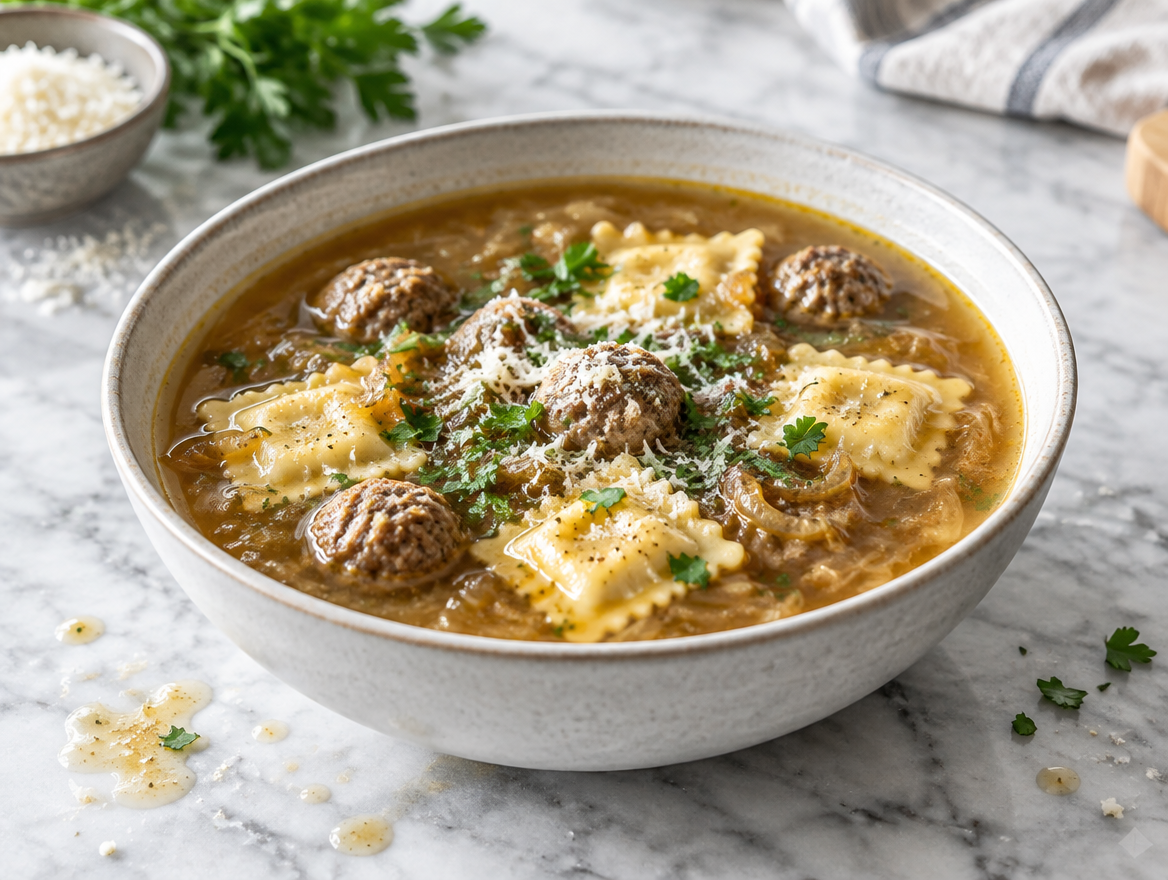 Uiensoep met ravioli