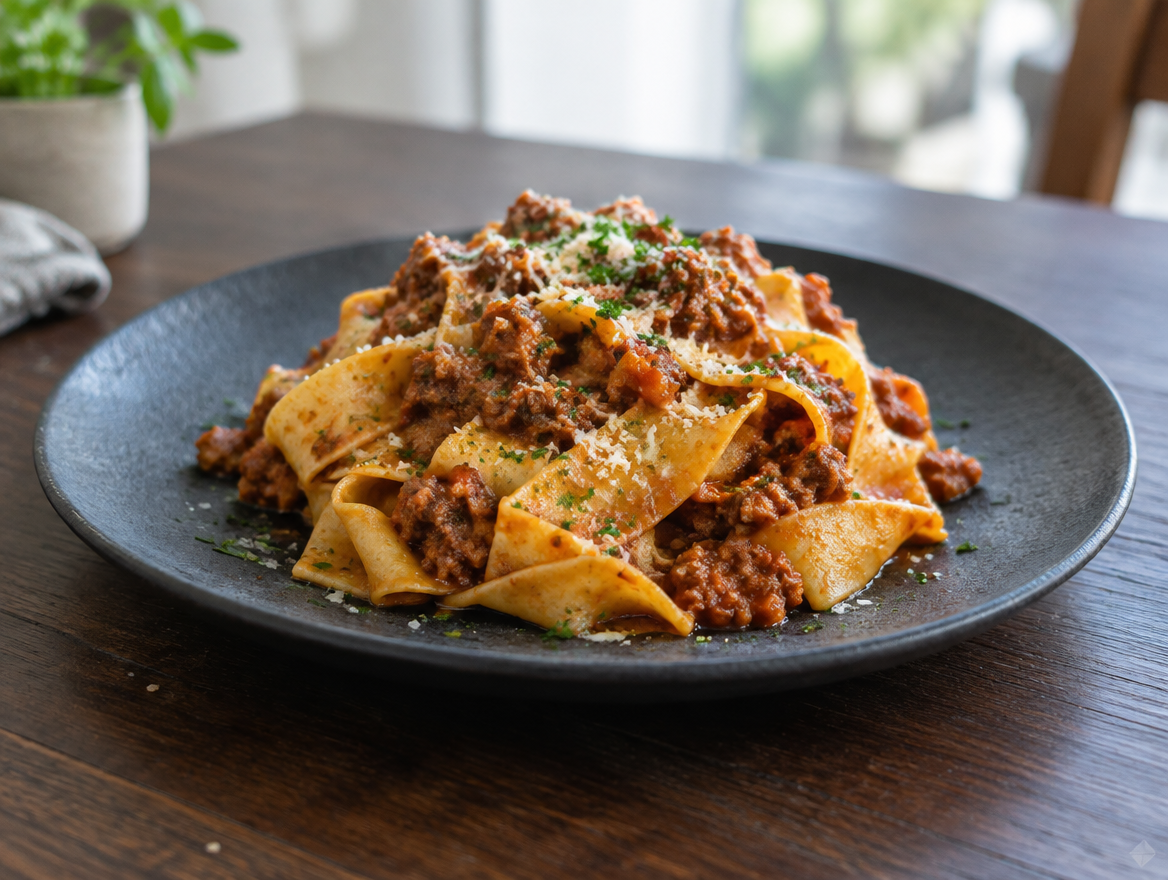 Bord pappardelle met rijke vleesragu