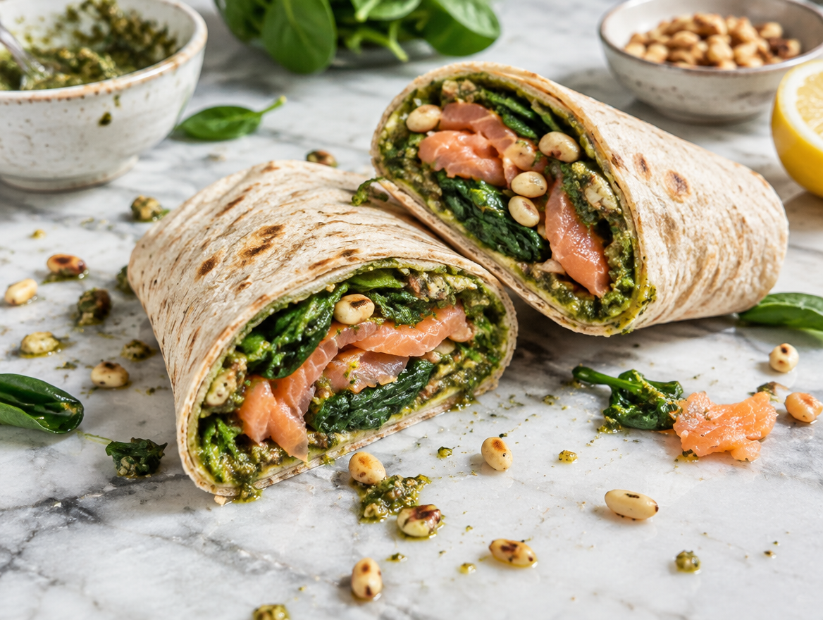 Italiaanse wrap met spinazie en zalm, in stukjes gesneden