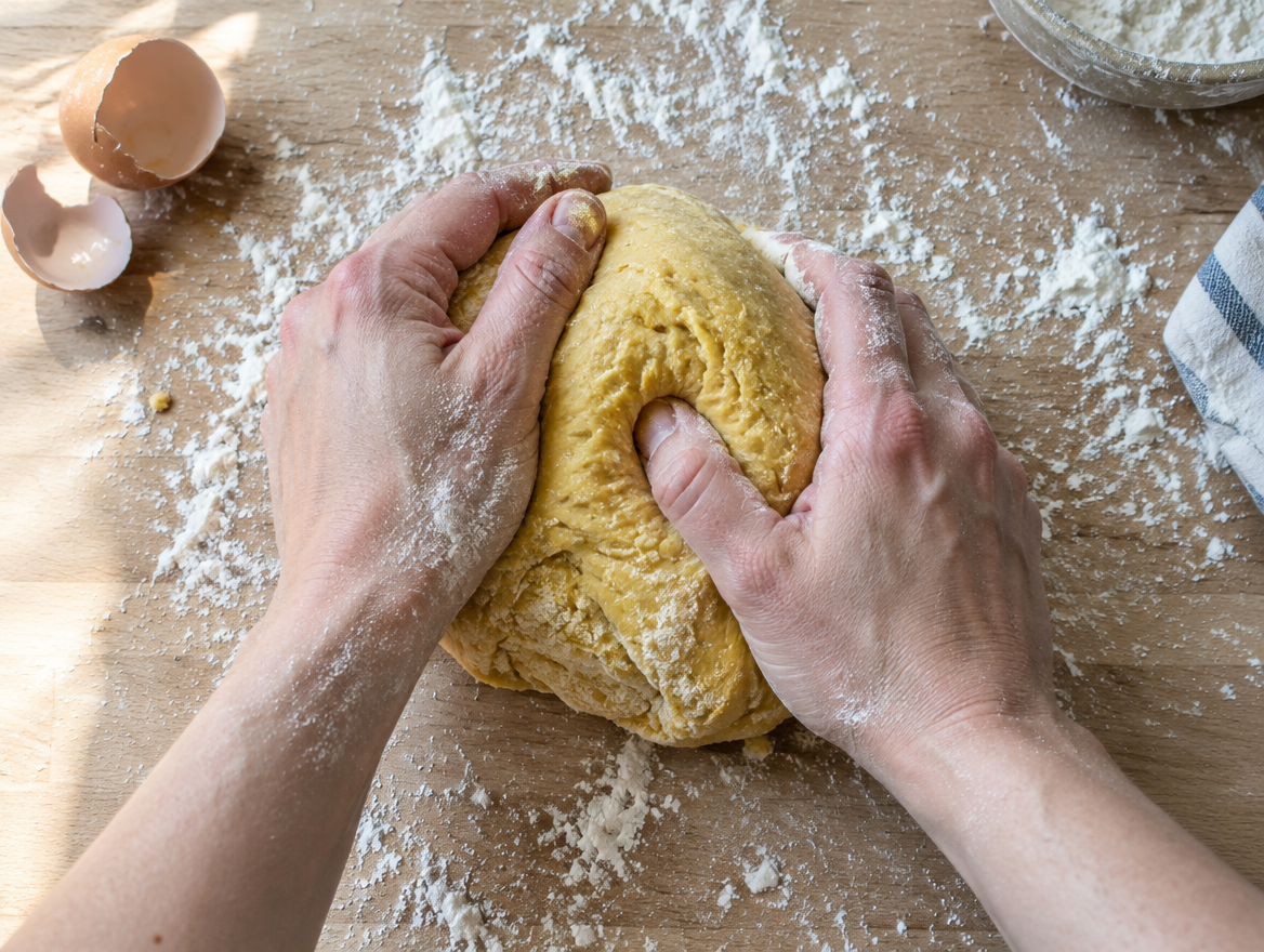 Deeg kneden met bloem en ei voor zelf pasta maken