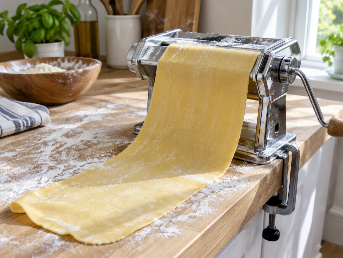 Vers pastadeeg door de pastamachine halen bij zelf pasta maken