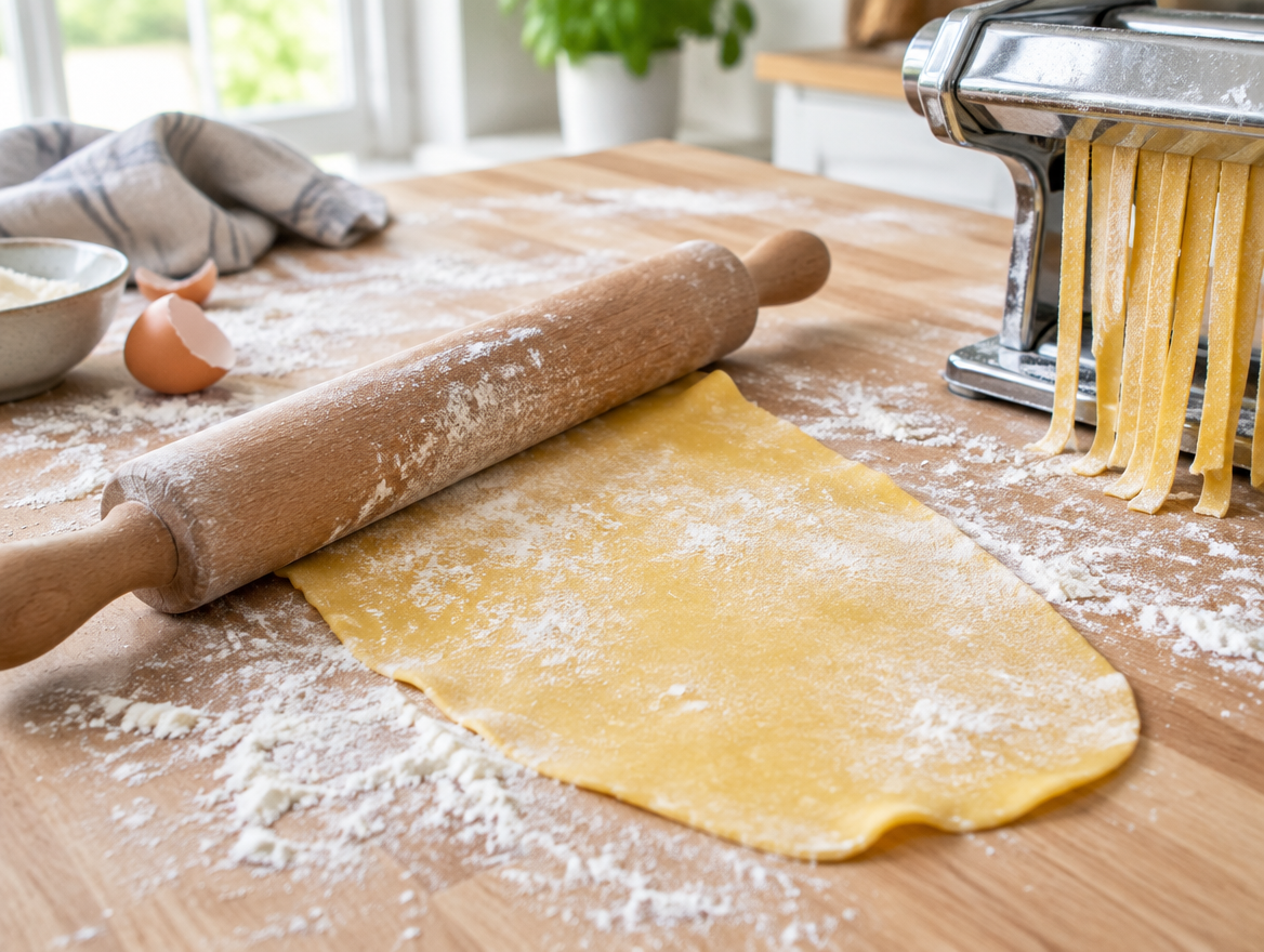 Zelfgemaakte pastadeeg uitgerold met een deegroller naast een pastamachine