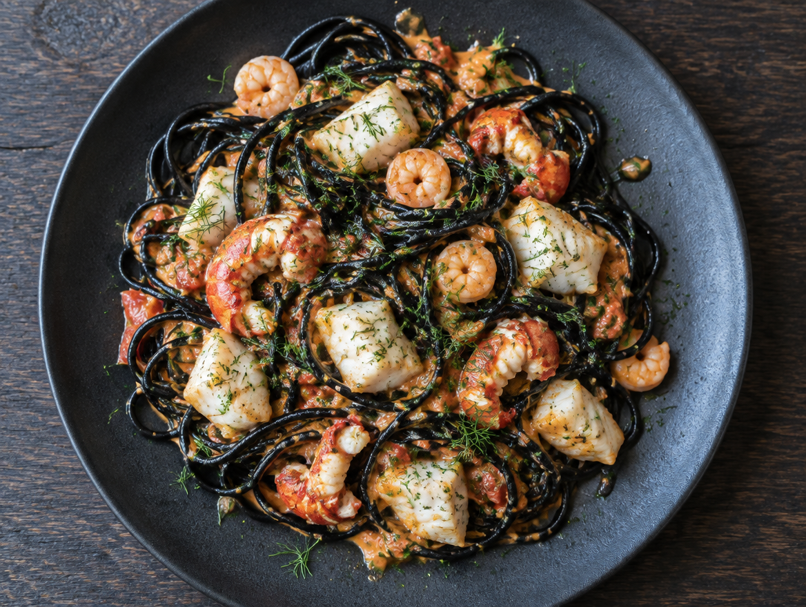 Zwarte spaghetti met zeevruchten