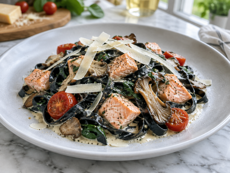 Zwarte tagliatelle met zalm en spinazie