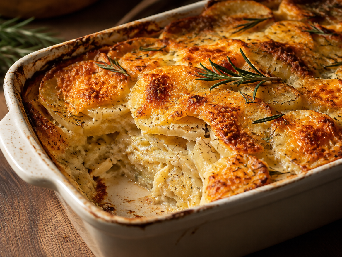 Aardappelgratin met rozemarijn in een ovenschaal
