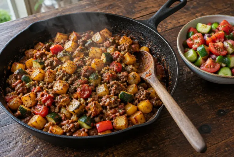 Aardappelpan met gehakt en seizoensgroenten