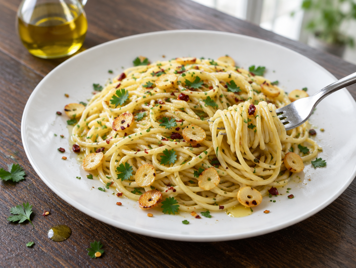 Aglio e olio maken: spaghetti met glanzende olijfolie, knoflook, chili en peterselie
