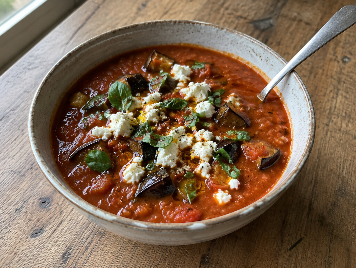 Aubergine-tomatensoep met ricotta salata en basilicum