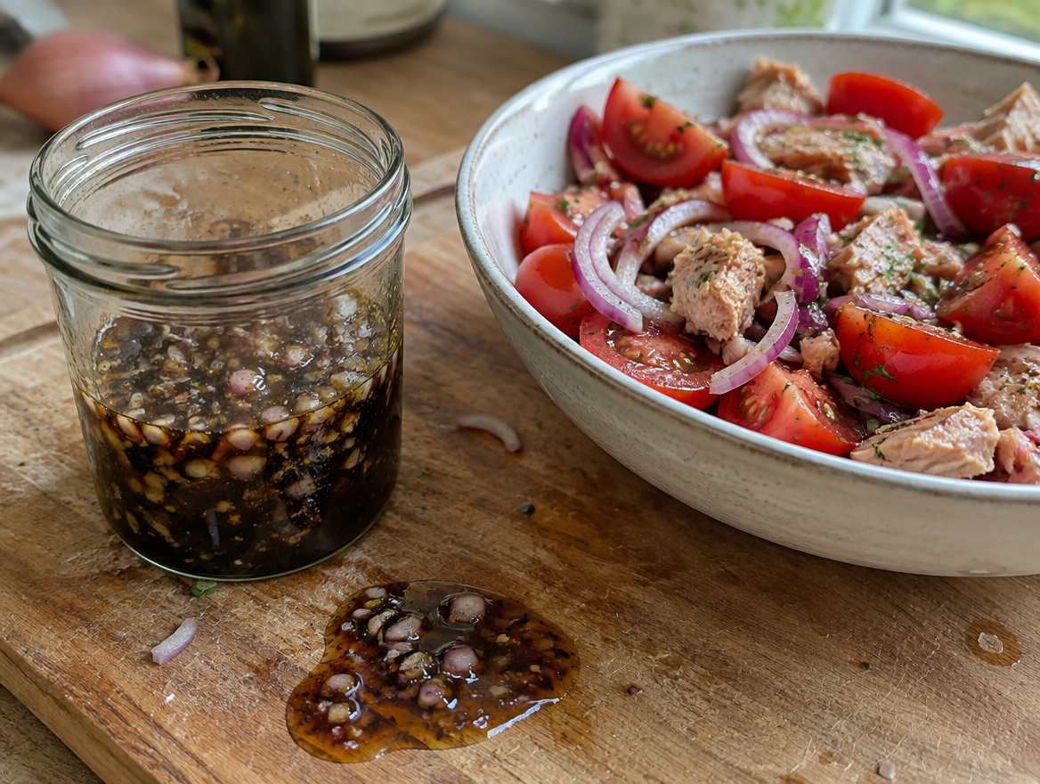 Balsamicodressing met sjalot en honing in een glazen potje naast een tomatensalade met tonijn