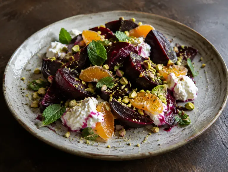 Salade van geroosterde biet met mandarijn en ricotta