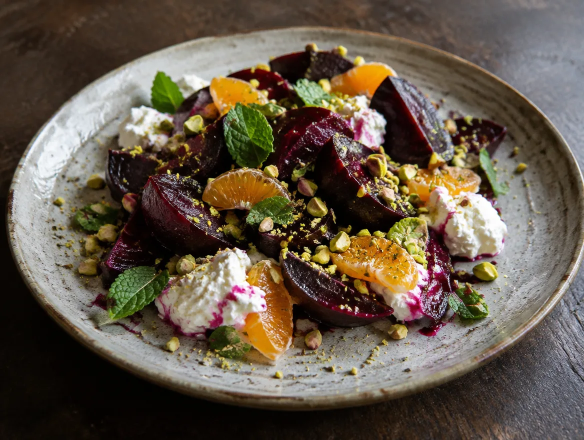 Salade van geroosterde biet met mandarijn en ricotta op een bord, klaar om te serveren