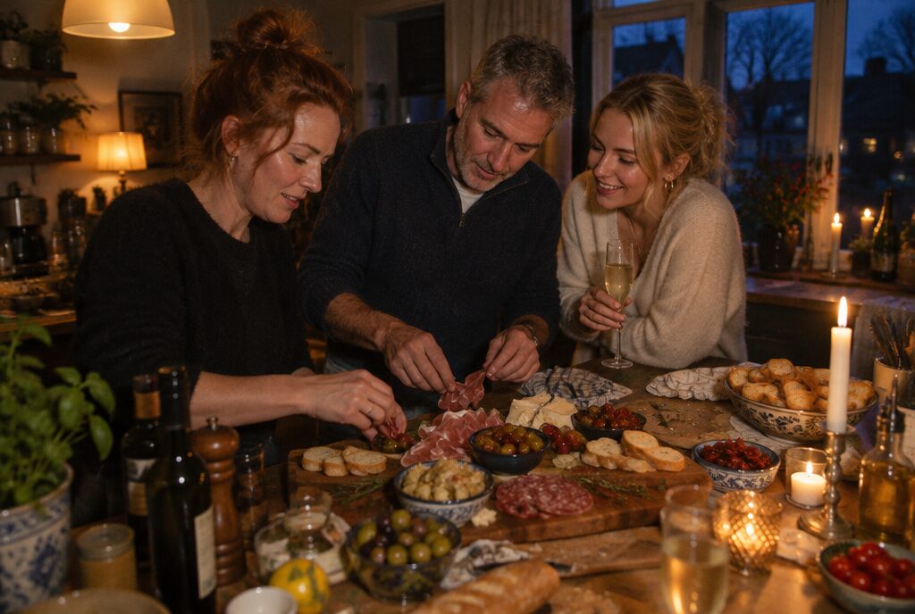 Een roodharige vrouw, een grijsharige man en een blonde vrouw maken in een gezellige keuken bij lamplicht een Italiaanse borrelplank