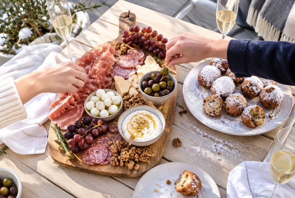 Italiaanse borrelplank met oliebollen en prosecco op een lichte tuintafel in de winterzon, waar twee handen een hapje pakken