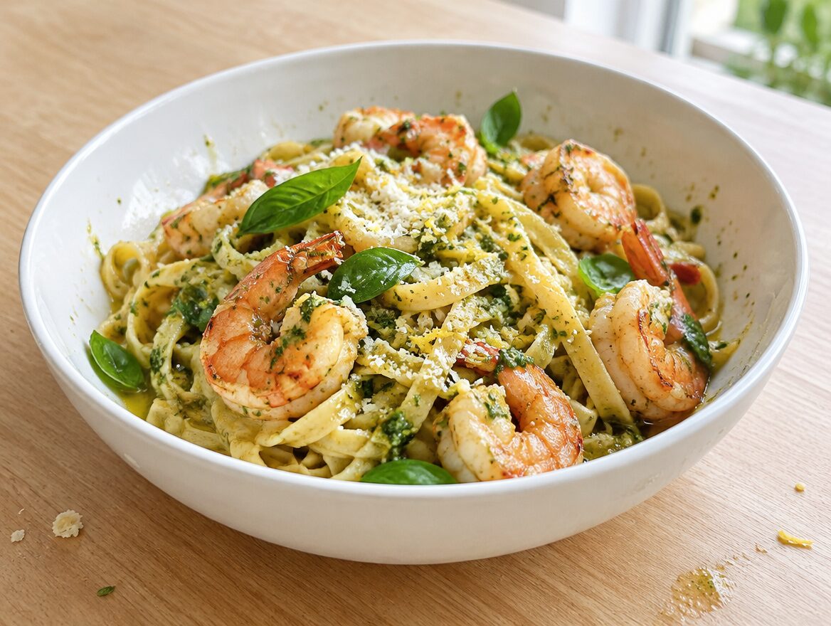 botertagliatelle met pesto-scampi, citroen en Parmezaanse kaas in een witte kom