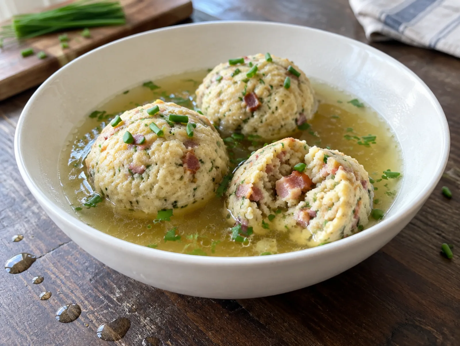 Canederli met speck in bouillon in een diepe kom